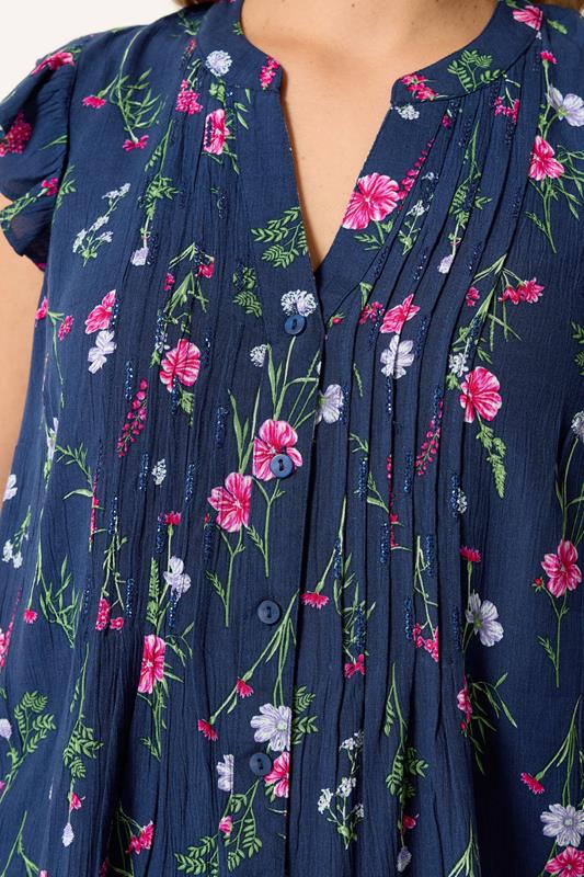 YOURS Plus Size Navy Blue Floral Sleeveless Pintuck Top | Yours Clothing 4
