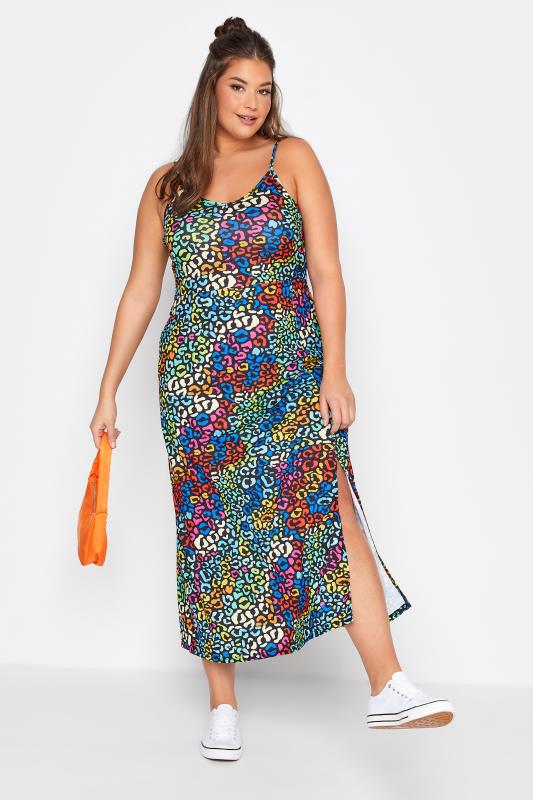 Plus Size  LIMITED COLLECTION Curve Black Rainbow Leopard Print Side Split Midaxi Dress