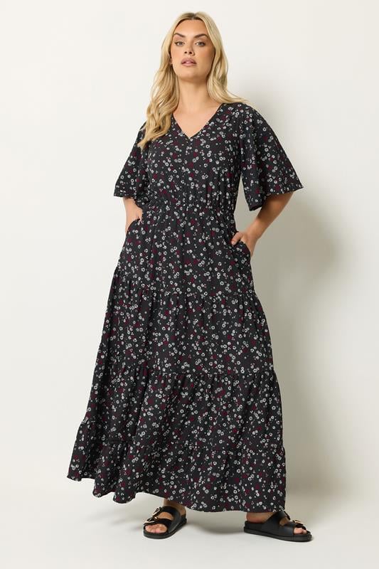  YOURS Robe longue texturée noire à petites fleurs 