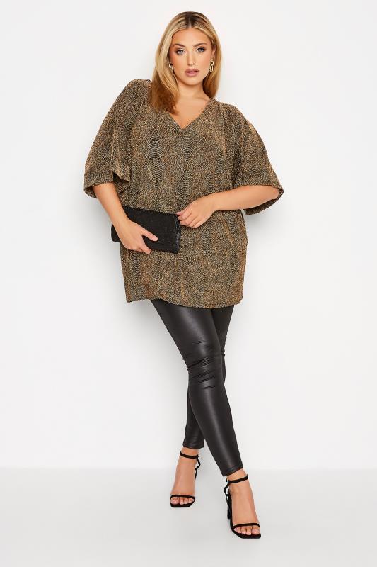 Curve Plus Size Gold & Black Short Sleeve Glitter Top | Yours Clothing 2