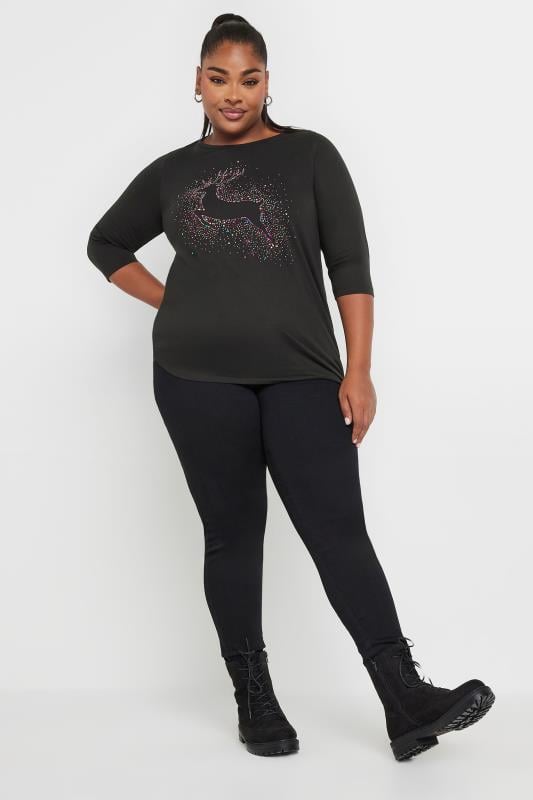 YOURS Plus Size Black Diamante Reindeer Top | Yours Clothing  2