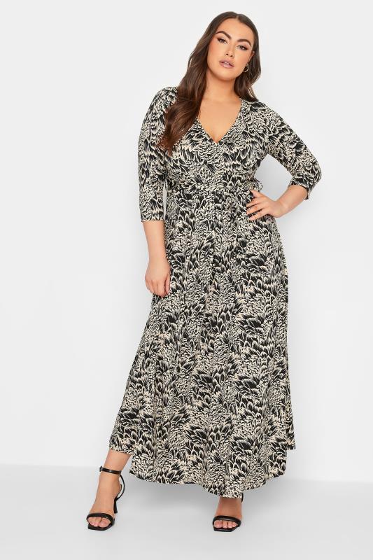 Plus Size Black & Beige Brown Abstract Floral V-Neck Maxi Dress | Yours Clothing 1