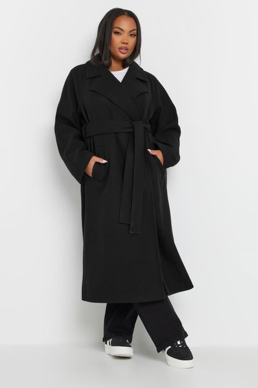 YOURS Plus Size Black Belted Wrap Maxi Coat Yours Clothing