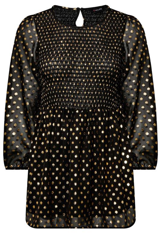 Plus Size Black & Gold Metallic Spot Print Shirred Peplum Top | Yours Clothing 6