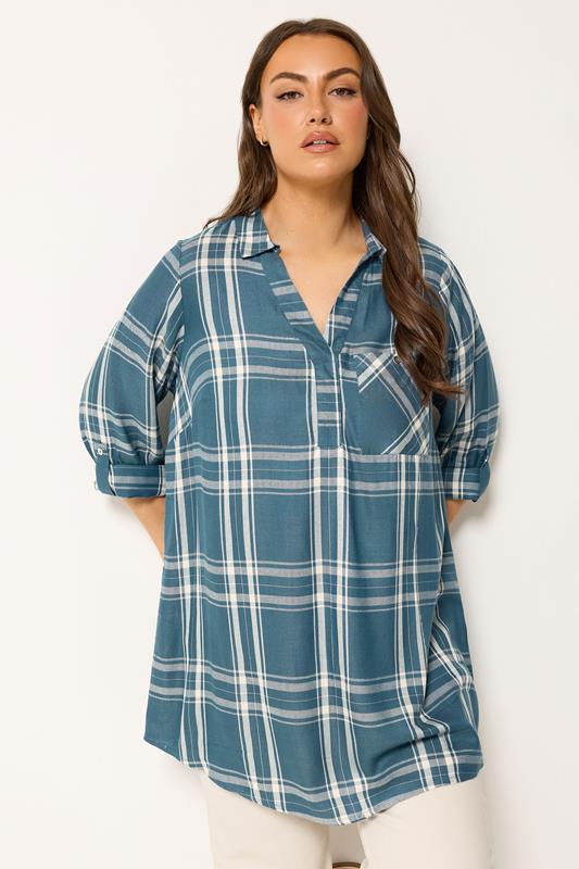 YOURS camisa azul a cuadros con media tapeta