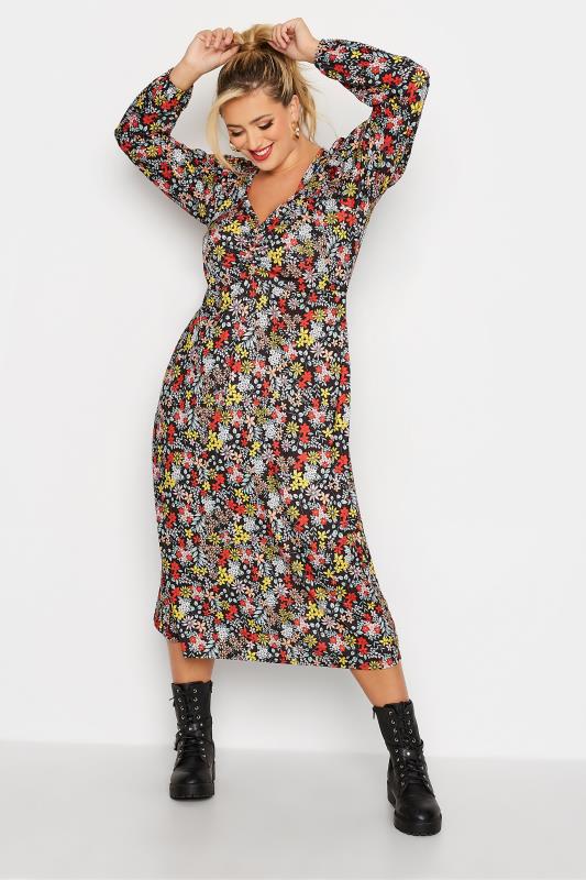  LIMITED COLLECTION Curve Black Floral Ruched Midi Dress
