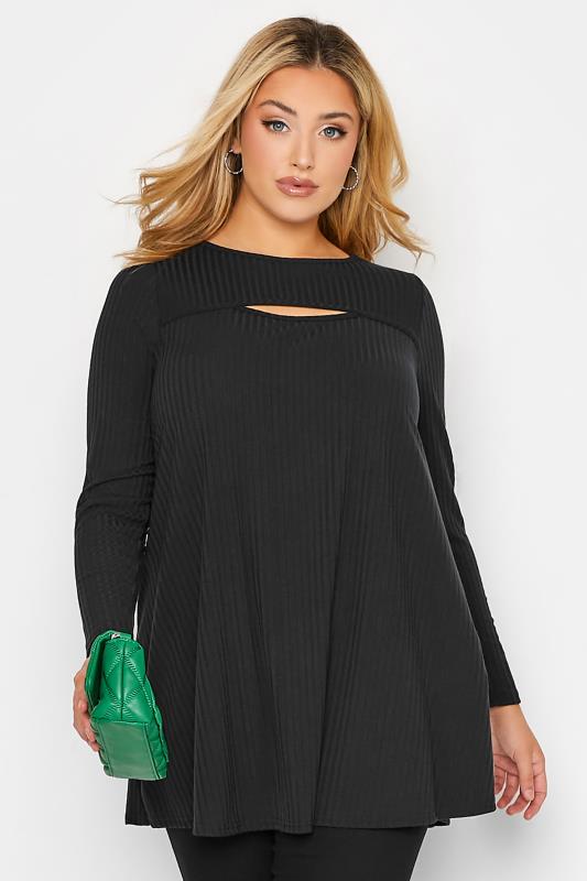 Curve Plus Size Black Long Sleeve Ribbed Cut Out Top | Yours Clothing 1
