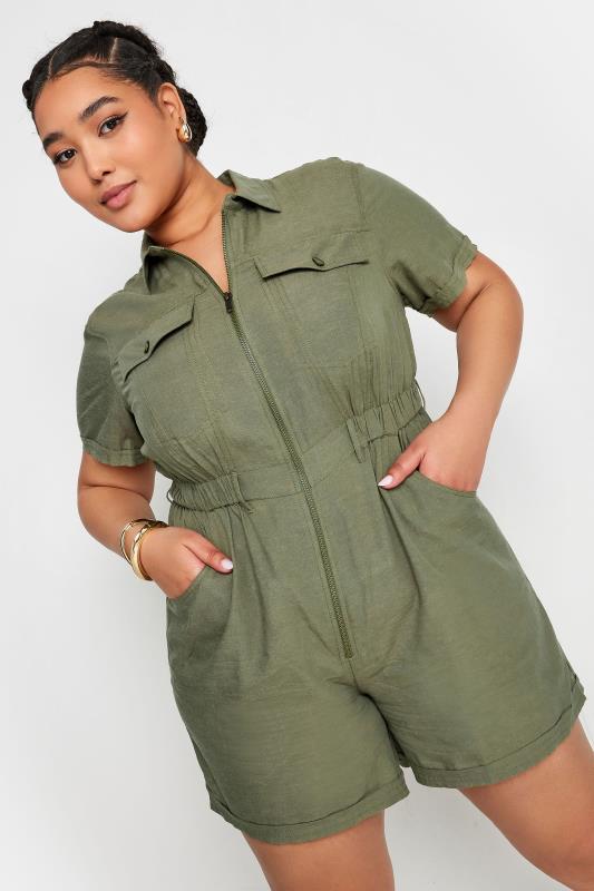 YOURS Plus Size Khaki Green Linen Look Utility Playsuit | Yours Clothing 2