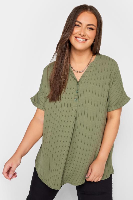 YOURS Curve Plus Size Khaki Green Half Placket Stripe Blouse | Yours Clothing  1