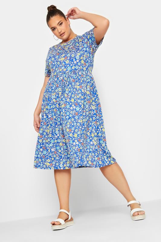 YOURS Curve Blue Floral Smock Dress | Yours Clothing  1