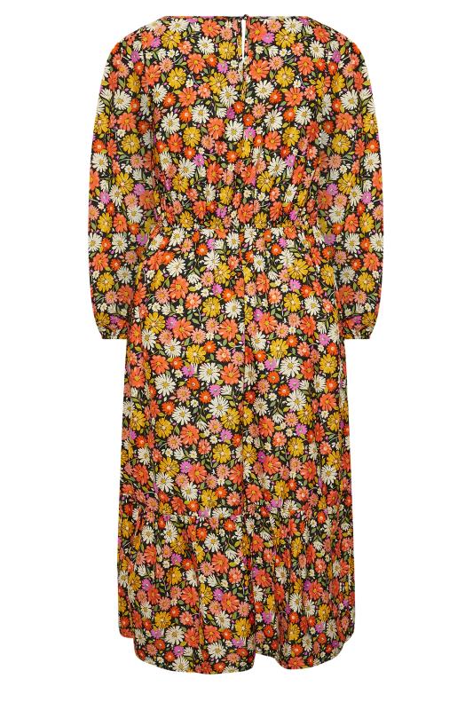 Plus Size Black & Orange Floral Print Balloon Sleeve Midaxi Dress | Yours Clothing 7