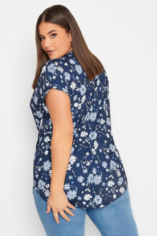YOURS Curve Plus Size Navy Blue Floral V-Neck T-Shirt | Yours Clothing  3