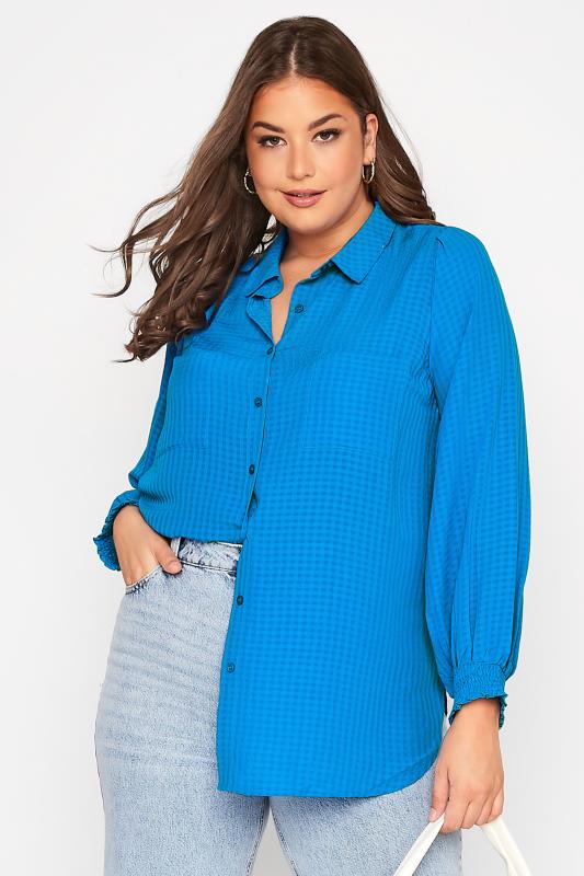 Plus Size  Curve Blue Shirred Cuff Button Through Blouse
