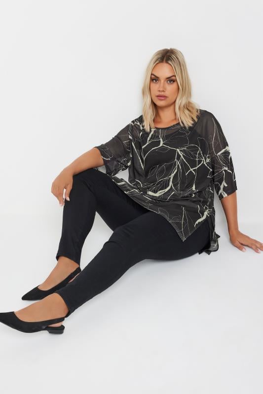 YOURS Plus Size Black Floral Print Oversized Mesh Top | Yours Clothing 2