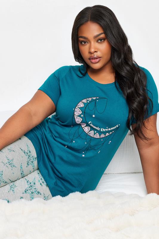 YOURS Plus Size Turquoise Blue 'Cosmic Dreamer' Star & Moon Print Pyjama Set | Yours Clothing 4
