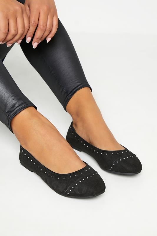  Grande Taille Black Faux Suede Diamante Ballerina Pumps In Wide E Fit & Extra Wide EEE Fit