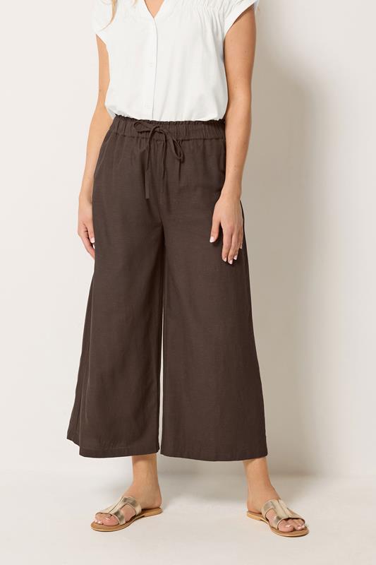 LTS Tall Women's Chocolate Brown Linen Cropped Wide Leg Trousers | Long Tall Sally 1