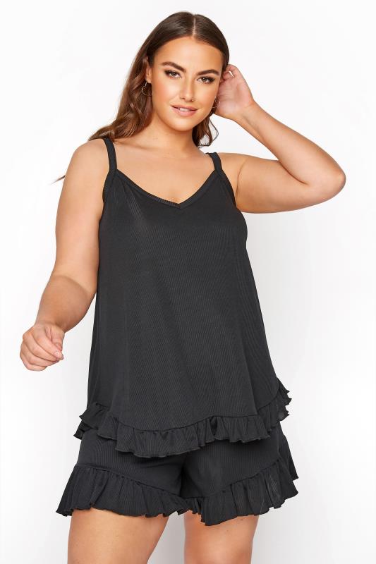  dla puszystych LIMITED COLLECTION Curve Black Frill Ribbed Pyjama Top