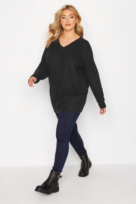 Plus Size Black Pointelle Sleeve V-Neck Knitted Jumper | Yours Clothing 2