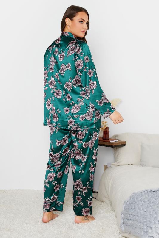Plus Size Emerald Green Floral Print Satin Pyjama Set | Yours Clothing 3