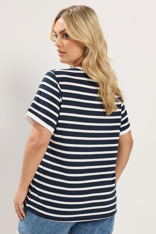 YOURS Curve Navy Blue Stripe Ringer T-Shirt | Yours Clothing 2