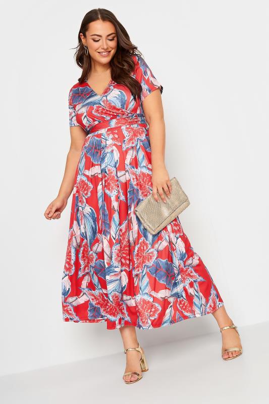 YOURS Curve Plus Size  Red Leaf Print Maxi Wrap Dress | Yours Clothing  2