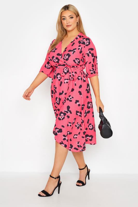 Plus Size  YOURS LONDON Curve Bright Pink Leopard Print Midi Wrap Dress