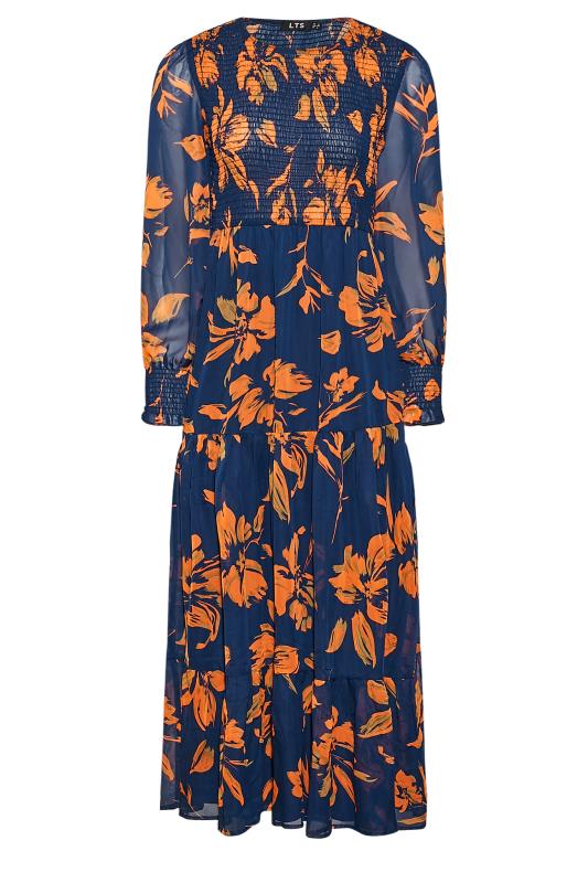 LTS Tall Orange & Navy Blue Floral Long Sleeve Midi Dress 1