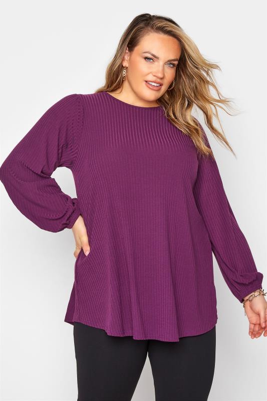 LIMITED COLLECTION Plum Purple Balloon Sleeve Ribbed Top_A.jpg