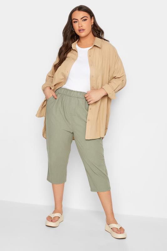 YOURS Curve Plus Size Khaki Green Cotton Cropped Trousers | Yours Clothing  1