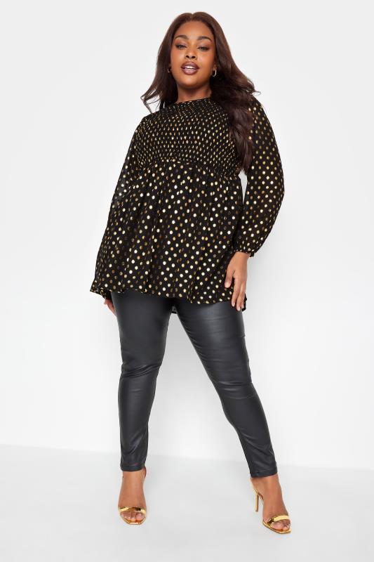 Plus Size Black & Gold Metallic Spot Print Shirred Peplum Top | Yours Clothing 2