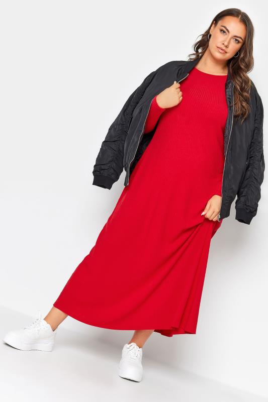 YOURS Curve Red Ribbed Long Sleeve Swing Dress | Yours Clothing 2