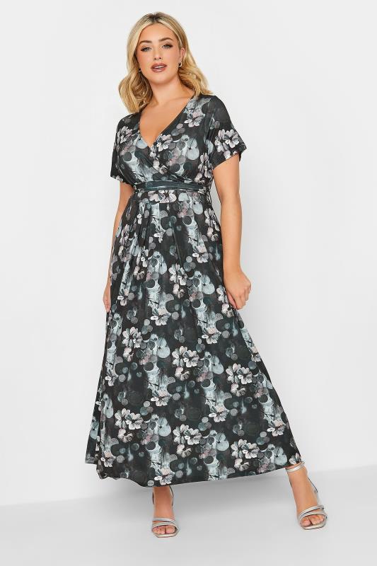 YOURS Curve Plus Size Black V-Neck Floral Wrap Dress | Yours Clothing  2