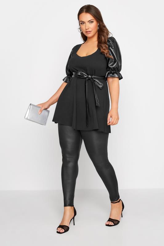 YOURS LONDON Plus Size Black Leather Look Puff Sleeve Peplum Top | Yours Clothing 2