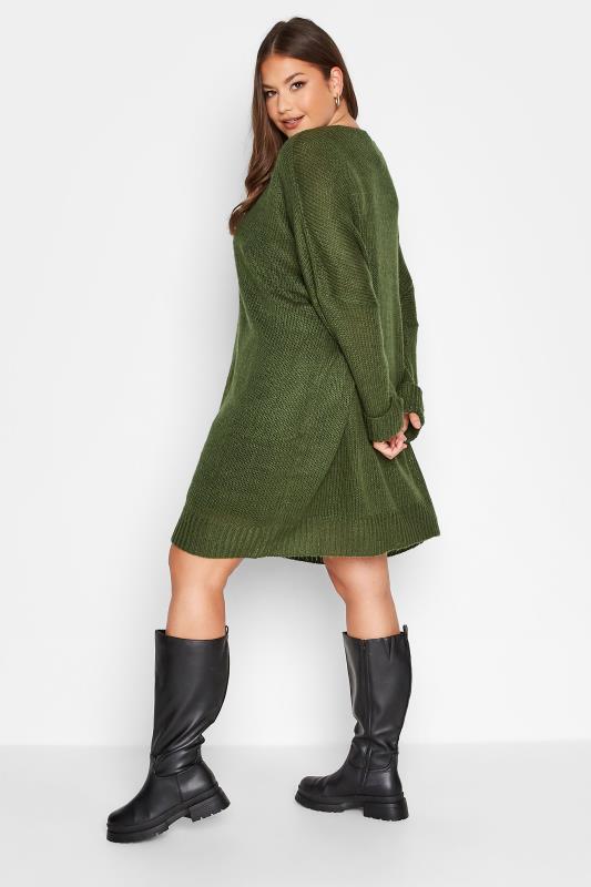 Plus Size Curve Khaki Green Drop Sleeve Knitted Jumper Dress | Yours Clothing 3