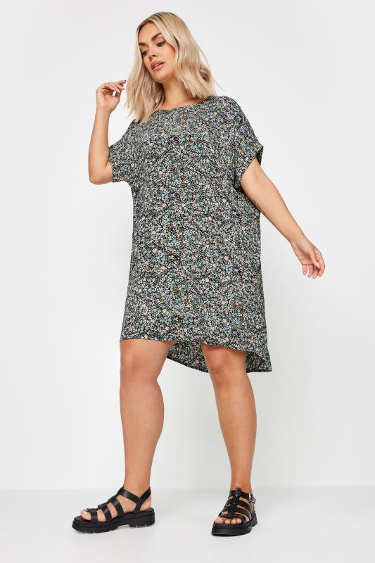 YOURS Plus Size Black Ditsy Floral Print Shift Dress | Yours Clothing 2