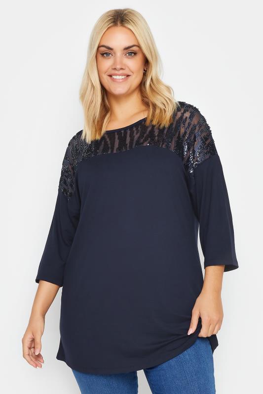Plus Size  YOURS Curve Blue Sequin Embellished Mesh Top