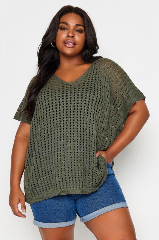 YOURS Plus Size Green Boxy Crochet Top | Yours Clothing 1