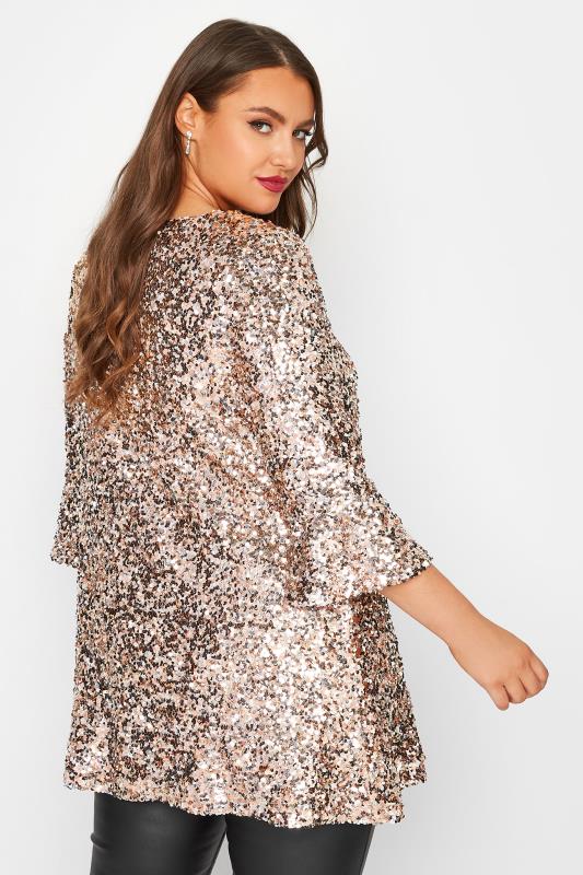 YOURS LONDON Plus Size Nude Pink Sequin Embellished Flute Sleeve Top | Yours Clothing 3