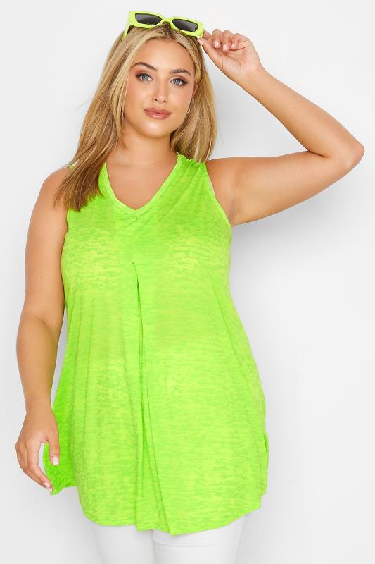 Plus Size  YOURS Curve Neon Green Burnout Pleat Vest Top