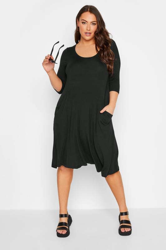 YOURS Plus Size Black 3/4 Sleeve Drape Pocket Dress | Yours Clothing 2
