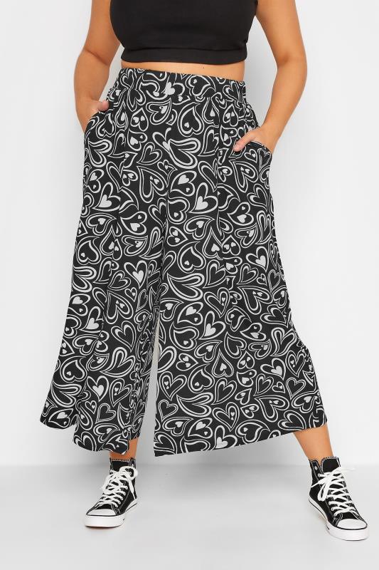  Grande Taille YOURS Curve Black Heart Print Stretch Midaxi Culottes