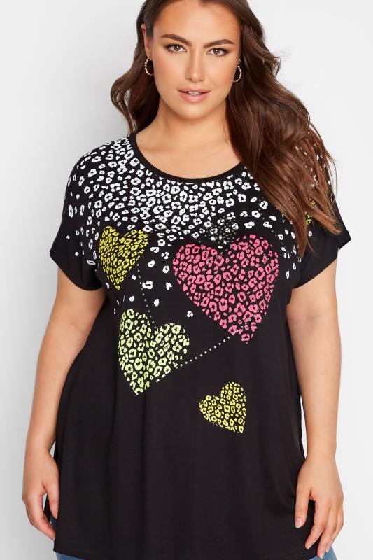 Plus Size Black Leopard Heart Printed T-shirt | Yours Clothing 4