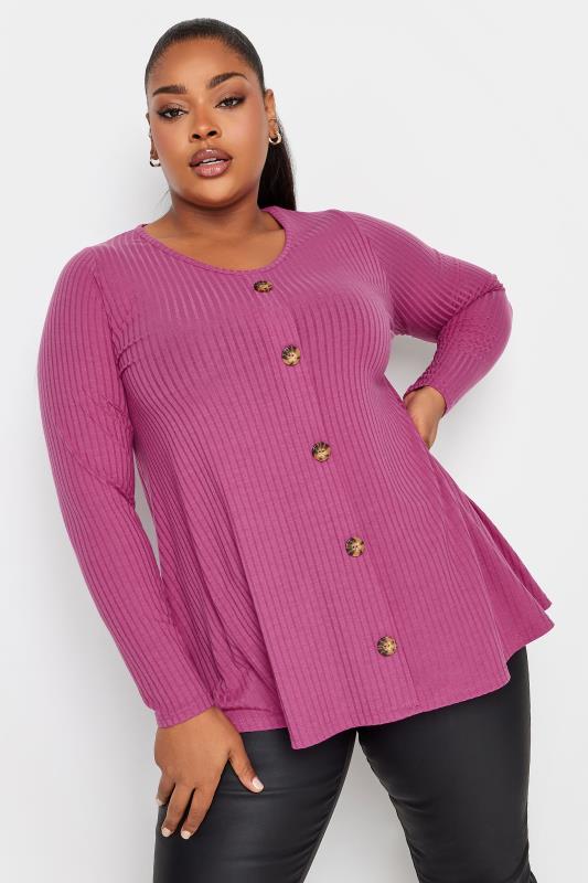 Plus Size  LIMITED COLLECTION Curve Pink Ribbed Button Up Long Sleeve Top