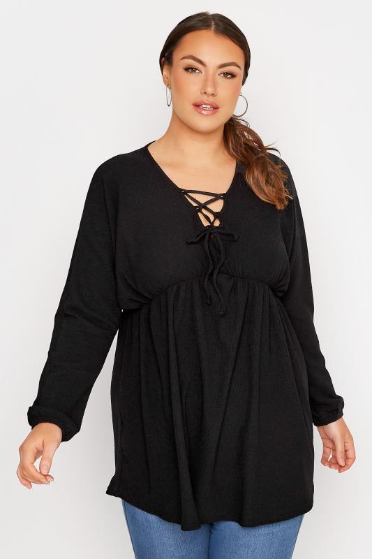 LIMITED COLLECTION Plus Size Black Crinkle Lace Up Peplum Blouse | Yours Clothing 1