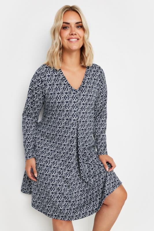 YOURS Plus Size Navy Blue Abstract Print Pleat Front Dress | Yours Clothing  4