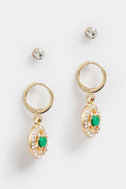 Silver & Green Diamante Stud Drop Earrings | Yours Clothing  3