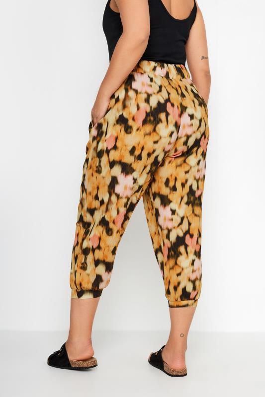 YOURS Plus Size Orange Floral Print Textured Cropped Harem Trousers | Yours Clothing 3