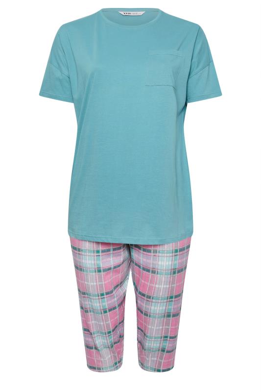 YOURS Plus Size Blue Check Print Cropped Pyjama Set | Yours Clothing 5