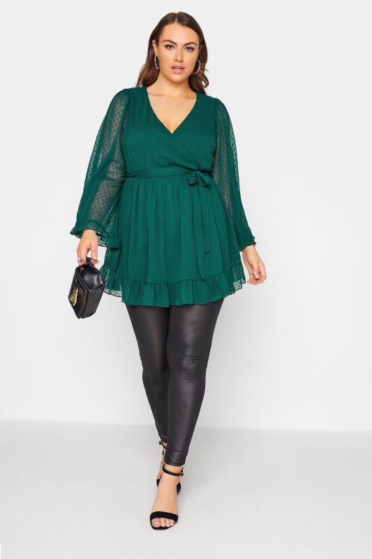 YOURS LONDON Curve Forest Green Dobby Wrap Blouse 3